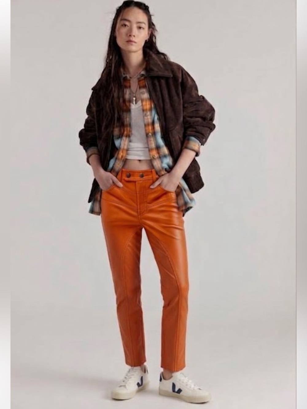 🆕 Free People We The Free Rebel Vegan Leather Pants Sz 4 Orange Crush Fall